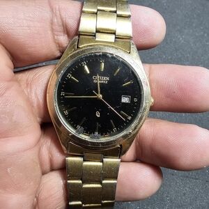 Citizen Mens Quartz Watch Gold Tone Black Date Just 5510-076214 Parts Or Repair